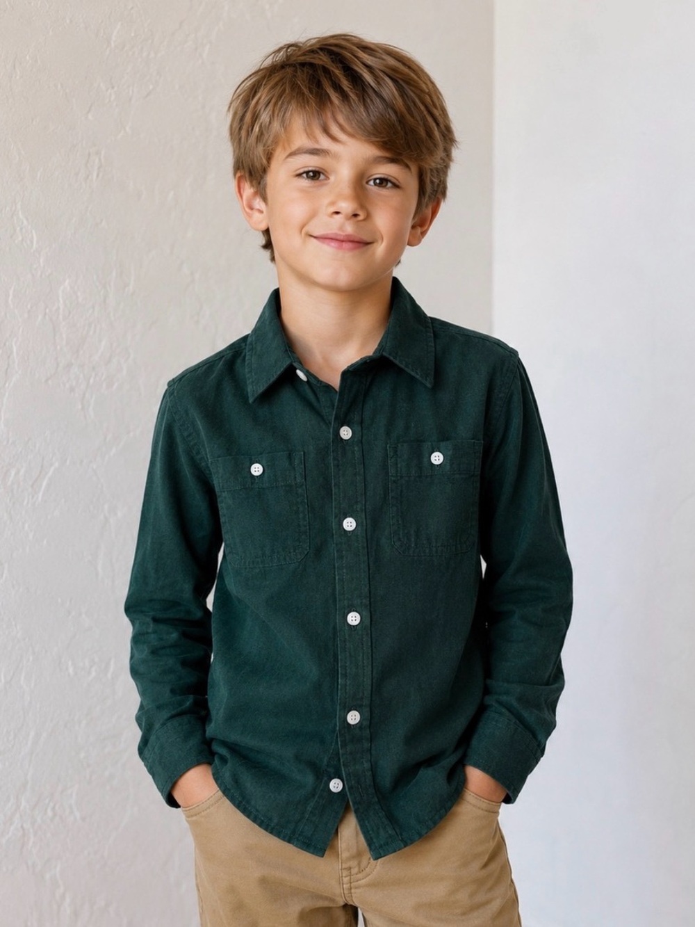 Jamie and Jack Classic Boys' Dark Green Corduroy Button-Up Shirt
